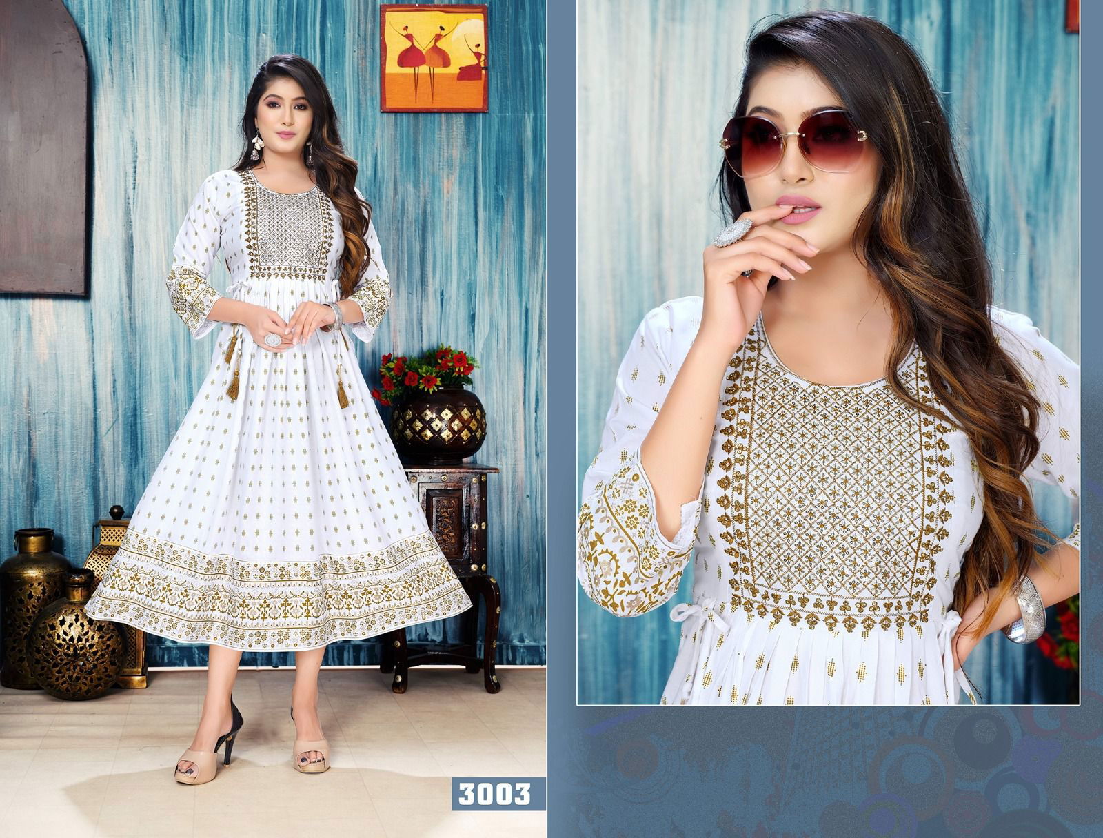 Golden White Floral Printed  Anarakli Kurtis Catalog
